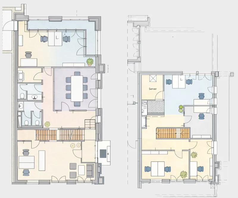 Der Grundriss für das Haus I in Westend Ottensen, Hamburg zeigt zwei Etagen mit modernen Räumen und einer offenen Gestaltung.