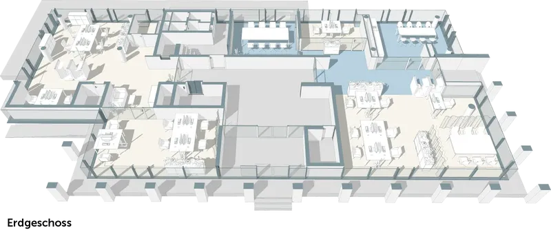 Modernes Bürodesign mit offenen Arbeitsbereichen und Besprechungsräumen in einem übersichtlichen Grundriss.