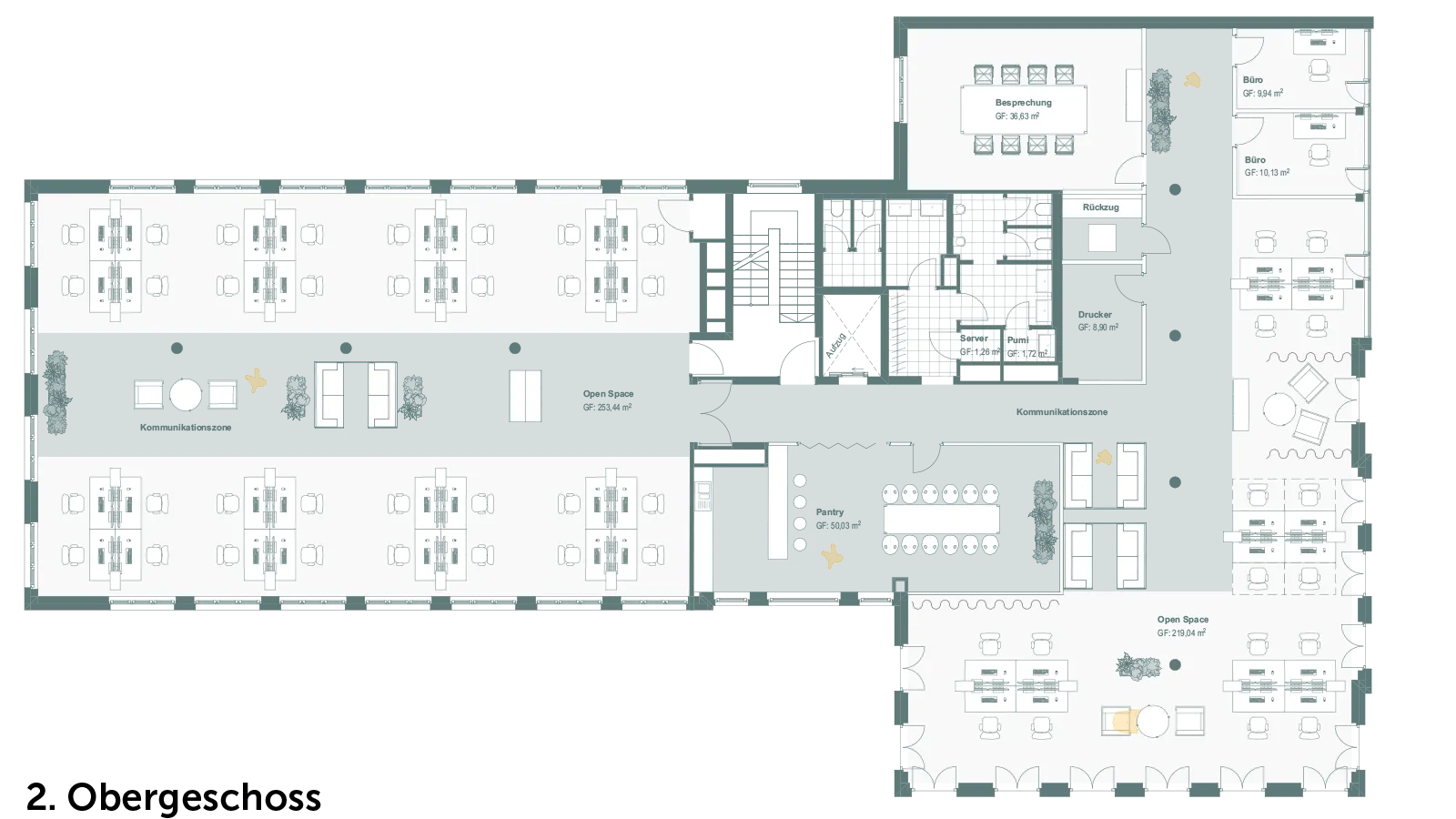 Der Stackingplan für die Büroflächen Westend Ottensen, Hamburg - Haus A, 2. OG zeigt eine detaillierte Raumaufteilung.