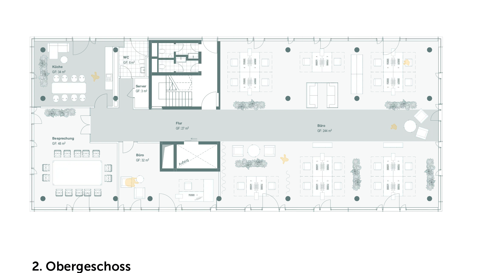 Ein Grundriss zeigt modern gestaltete Büroräume mit Tischen und Sitzbereichen für effizientes Arbeiten.